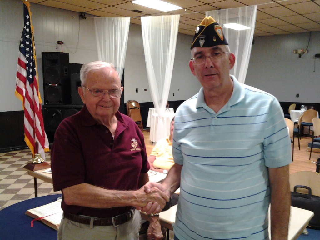 Shipmate Kinney receiving his 45 year continuous membership pin from Shipmate Rogers 0n 12 August 2014