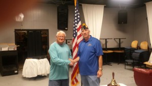 SHIPMATE DELBERT "JACK" GLOVER RECEIVING HIS 25 YEAR CONTINUOUS MEMBERSHIP PIN FROM SHIPMATE MARK ROGERS ON 12 JULY 2016