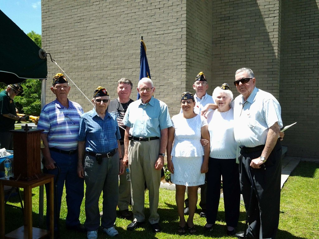 SHIPMATE ERICKSON, SHIPMATE BAUM, ONSLOW COUNTY SHERIFF HANS MILLER, SHIPMATE CLEVELAND, AIDA LITTLEJOHN (UNIT 208), SHIPMATE ROGERS, ROSA LEE SPORBERT (UNIT 208) AND SHIPMATE HARPER AT THE MEMORIAL DAY CEREMONY ON 25 MAY 2015