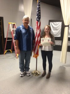 LINDSEY BROWN RECEIVING HER FIRST PLACE ELEVENTH GRADE BRANCH AWARD FOR HER AMERICANISM ESSAY FROM S/M PAUL MIETHKER ON 8 MARCH 2016