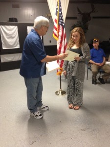 CAMILLE CARR RECEIVING HER FIRST PLACE TWELFTH GRADE BRANCH AWARD FOR HER AMERICANISM ESSAY FROM S/M PAUL MIETHKER ON 8 MARCH 2016 