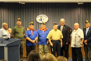 Shipmates Calvin Melvin, Mark Rogers, Paul Siverson, Donald Broussard, Bill Hemmingway, Paul Miethker, Bill Boggs and George Barrows receiving a Certificate of Recognition from the City of Jacksonville for its $5,000.00 donation to the "Freedom Fountain" on 22 September 2015